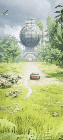 a red car is driving down a grassy road in front of a large sphere