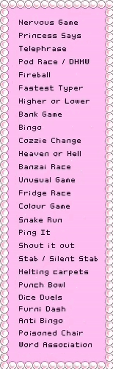 a list of games including nervous game princess says