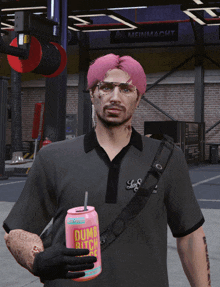 a man with pink hair is holding a pink can of dumb bitch cola