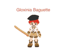 a cartoon character holding a baguette and wearing a black beret with the word gloxinia baguette above him