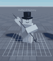 a cartoon character with a top hat and the name halberd dummy on it