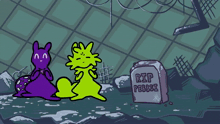 a cartoon scene with a gravestone that says rip pebbi