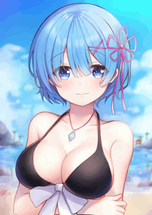 a blue haired anime girl in a black bikini with a flower in her hair