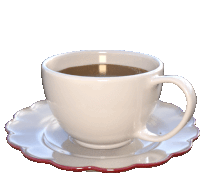 a white cup of coffee sits on a saucer with a red rim