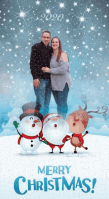 a merry christmas greeting card with a couple and santa claus