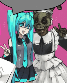 a drawing of hatsune miku and a skeleton in a maid dress