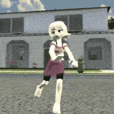 a cartoon character is walking in front of a white house