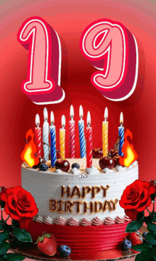 a birthday cake with candles and the number 19 on top