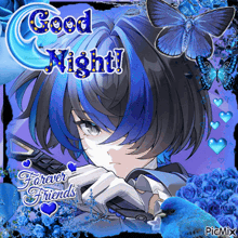 a picture of a girl with blue hair and the words good night forever friends