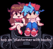 a pixel art of a boy and a girl with the words hop on platformer with boobs