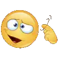 a cartoon smiley face is making a funny face and pointing at something with his finger .