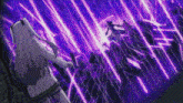 a girl in a white skirt is standing in front of a purple lightning storm
