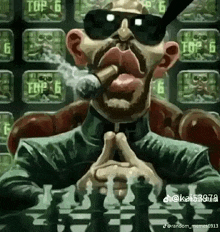 a cartoon of a man smoking a cigar while playing a game of chess .