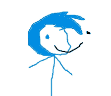 a drawing of a stick figure with blue hair and a black nose