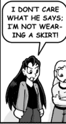 a black and white cartoon of a woman talking to another woman