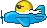 a pixel art drawing of a blue airplane with a yellow smiley face on top .