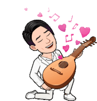 a cartoon of a man kneeling down holding a guitar with hearts and music notes coming out of it