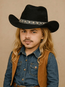a young boy wearing a black cowboy hat