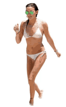 a woman in a white bikini and green sunglasses is walking on a white background