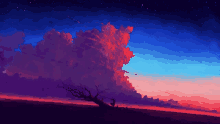 a painting of a sunset with a tree in the foreground and a large cloud in the background