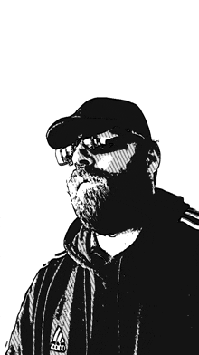 a black and white drawing of a man with a beard wearing an adidas shirt