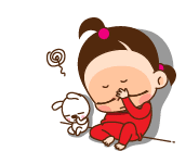 a cartoon of a girl sitting next to a white dog