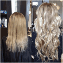 a before and after photo of a woman 's hair with a bottle of duracell in the background