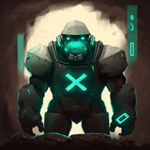 a drawing of a robot with a green x on his chest