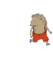 a cartoon hedgehog wearing overalls and glasses is running