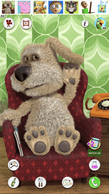 a stuffed animal is sitting in a chair with a watch ad on the bottom right