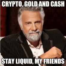 a man with a beard is sitting on a couch with a meme that says crypto , gold and cash