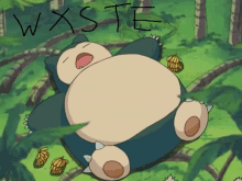 a cartoon drawing of a sleeping snorlax with the words wxste written below it