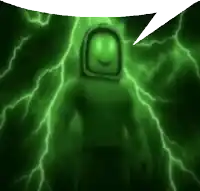 a green lightning strike with a speech bubble in the middle