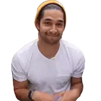a man wearing a white t-shirt and a yellow hat is smiling