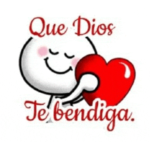 a cartoon character is holding a red heart with the words `` que dios te bendiga '' written below it .