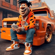 a cartoon character is sitting on the front of an orange truck holding money