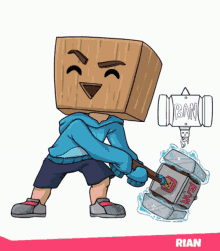 a cartoon of a boy with a box on his head holding a hammer with the word ban on it