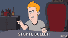 a cartoon of a man sitting at a table with the words stop it bullet on the bottom