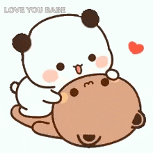 a panda bear is laying on top of a teddy bear .