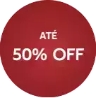 a red circle with the words até 50 % off in white letters