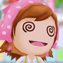 a close up of a cartoon character with a pink headband and swirls in her eyes