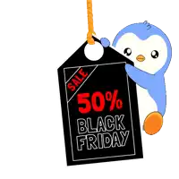 a blue penguin is holding a black tag that says 50 % black friday