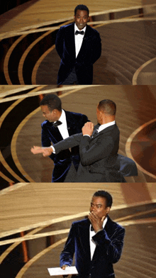 three pictures of a man in a tuxedo giving a speech on a stage