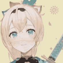 a girl with a cat ear is holding a sword .