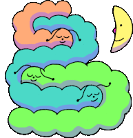 a cartoon drawing of sleeping clouds with a crescent moon behind them