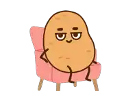 a cartoon potato sits on a pink chair with a sad look on his face