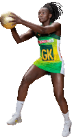 a woman in a green and yellow uniform with gk on the front