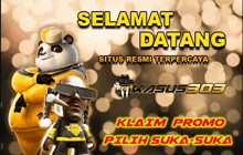 a poster with a panda wearing sunglasses and a hat with the words selamat datang situs resmi terpercaya