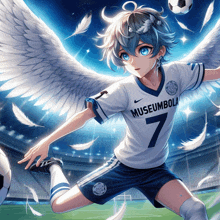 a soccer player with wings and a museumbola jersey