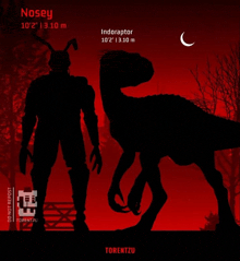 a silhouette of a man standing next to a dinosaur with the name nosey